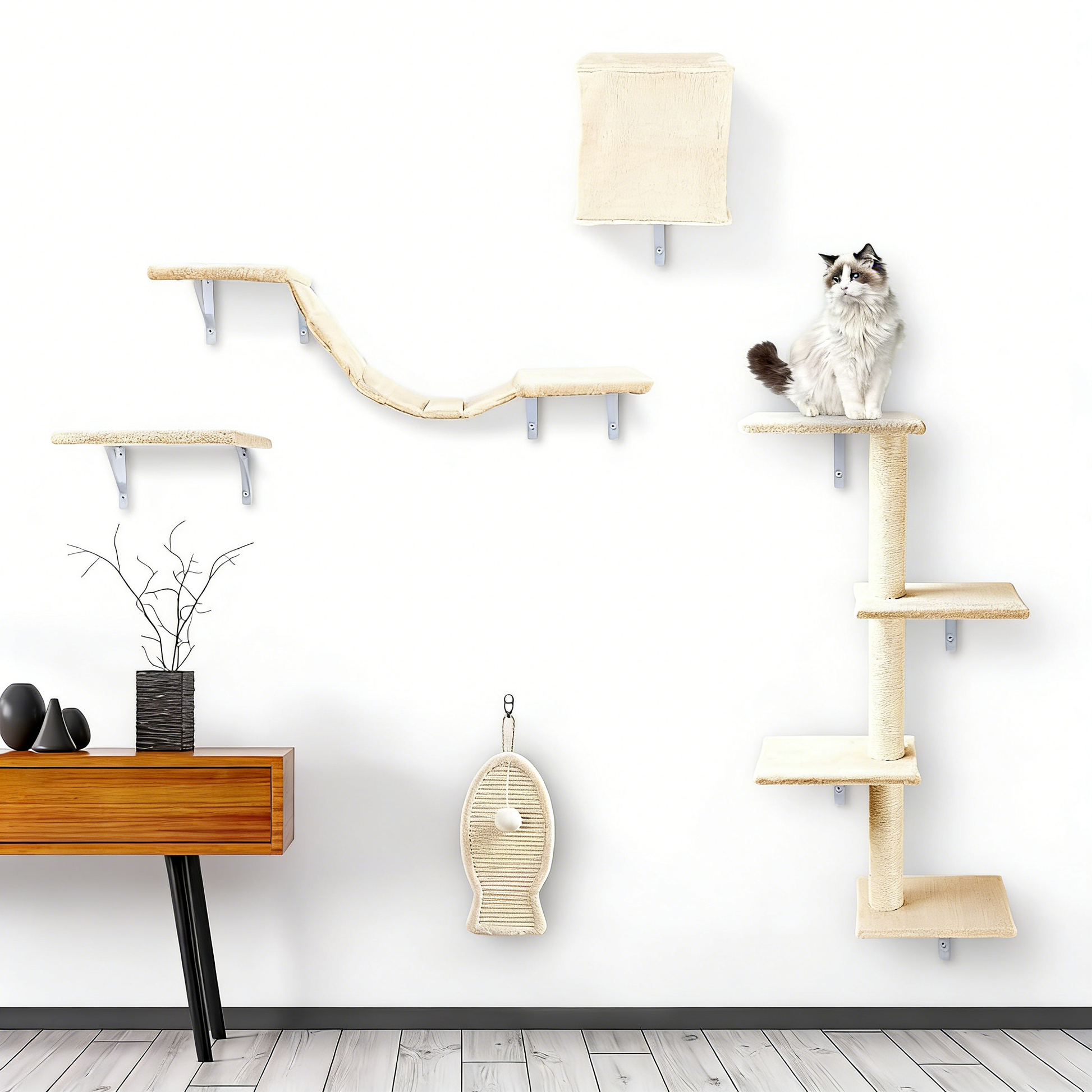Wall-Mounted Cat Shelves Set - Premium Quality White Background